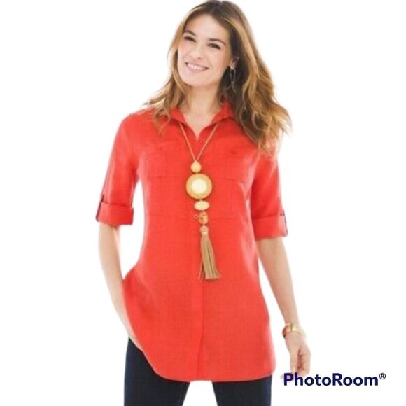 Chico's Orange No-Iron Linen Pocket quarter sleeves button down top - Picture 1 of 8